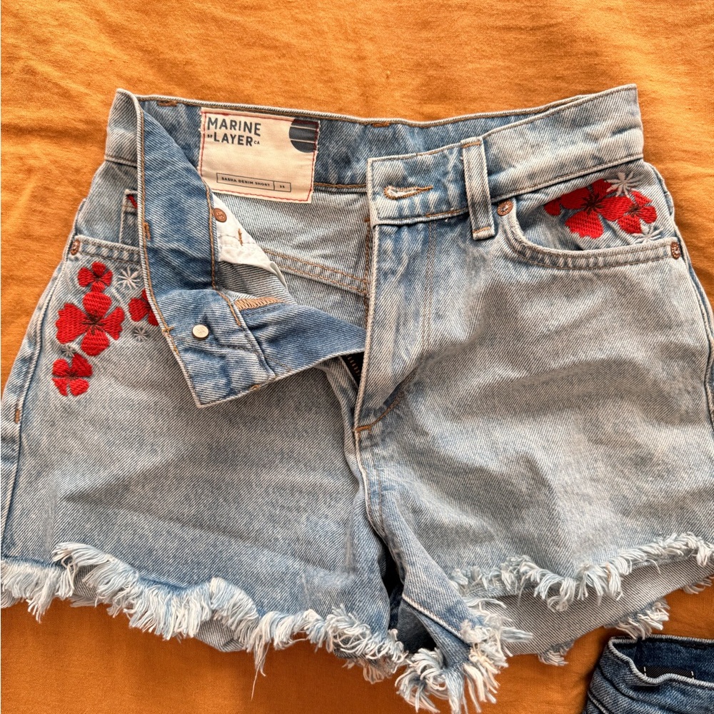 Marine Layer Women's Blue Denim Shorts with Red Floral Embroidery